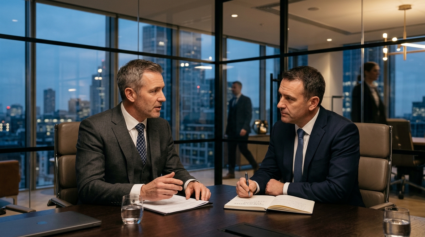 Confidential executive search meeting in glass boardroom