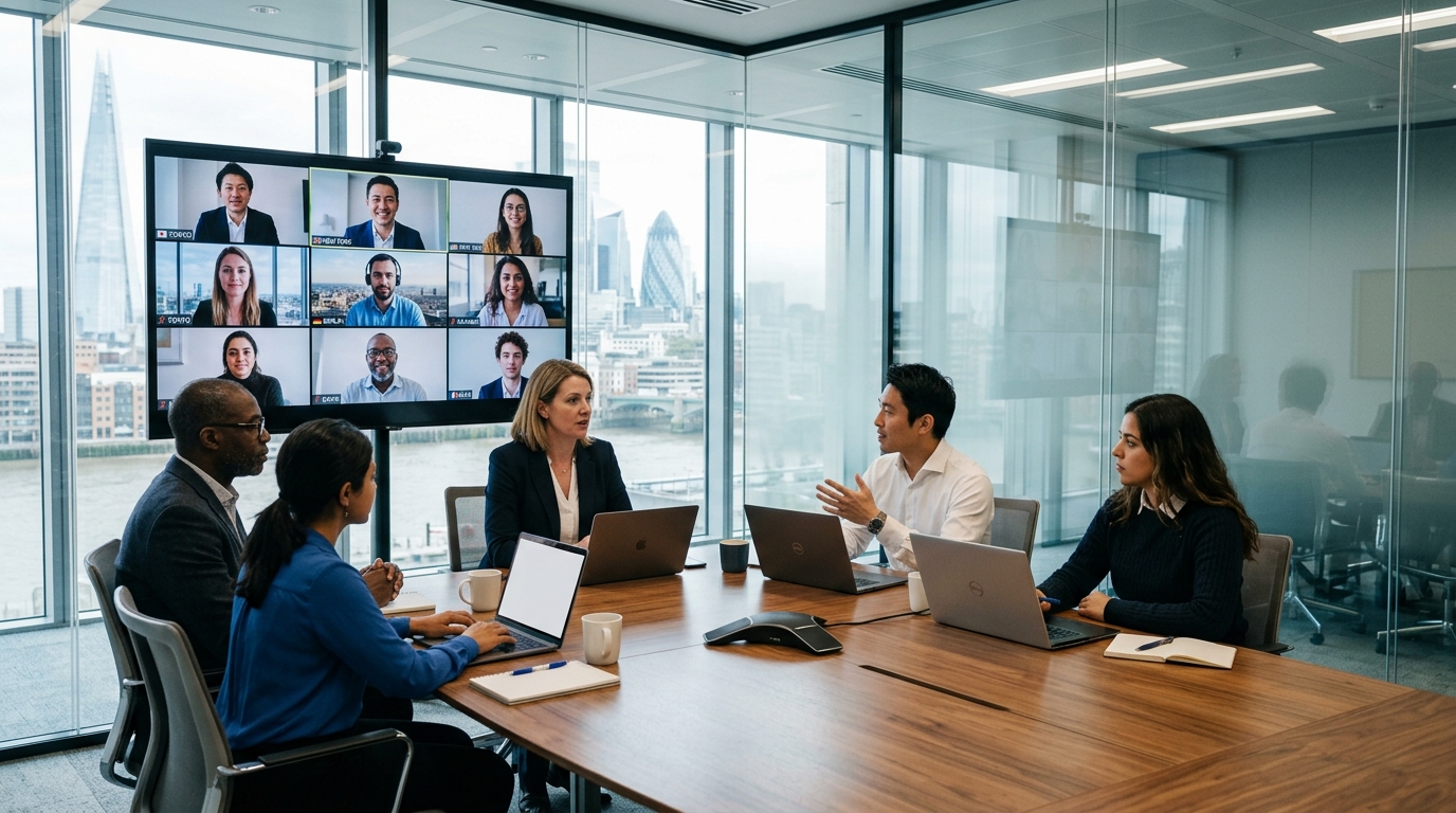 Global team meeting across international remote video conference