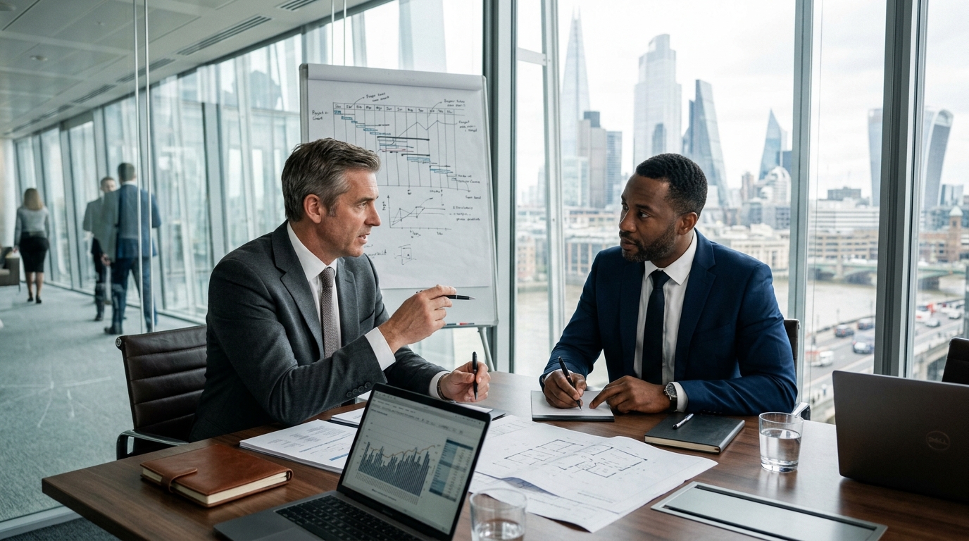 Executive planning session between private equity partner and leadership candidate