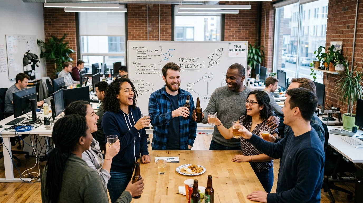 Engineering team celebrating product milestone