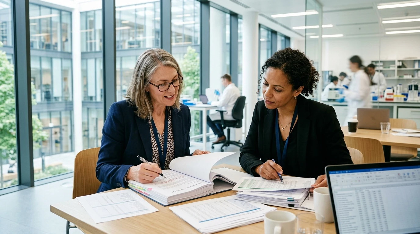 Healthcare and pharmaceutical executive leadership reviewing regulatory files