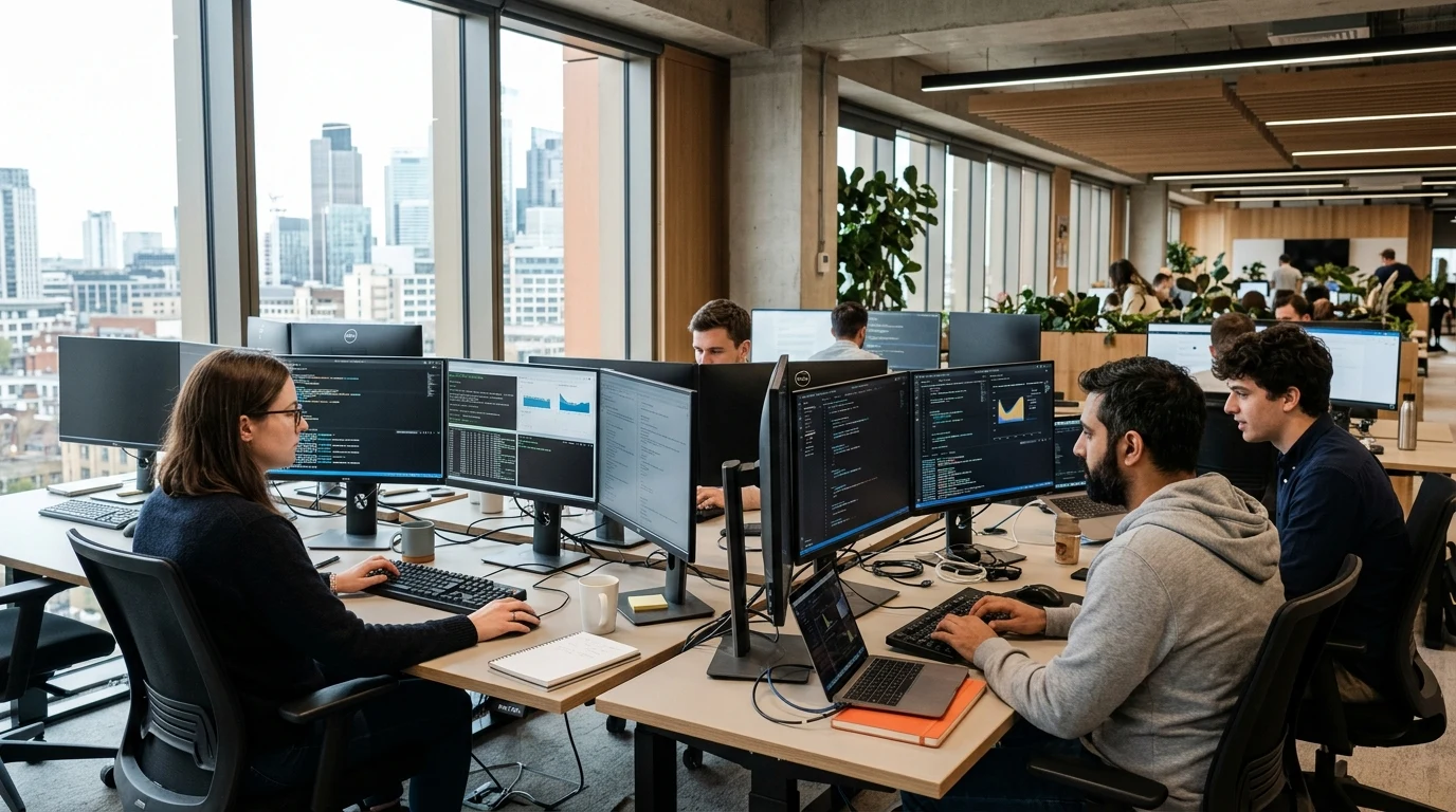 Fintech software engineering team collaborating on critical systems migration