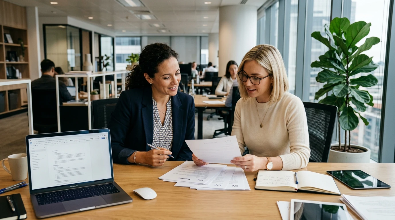 Recruiter and talent acquisition team evaluating candidate profiles and talent pipelines in a modern workspace