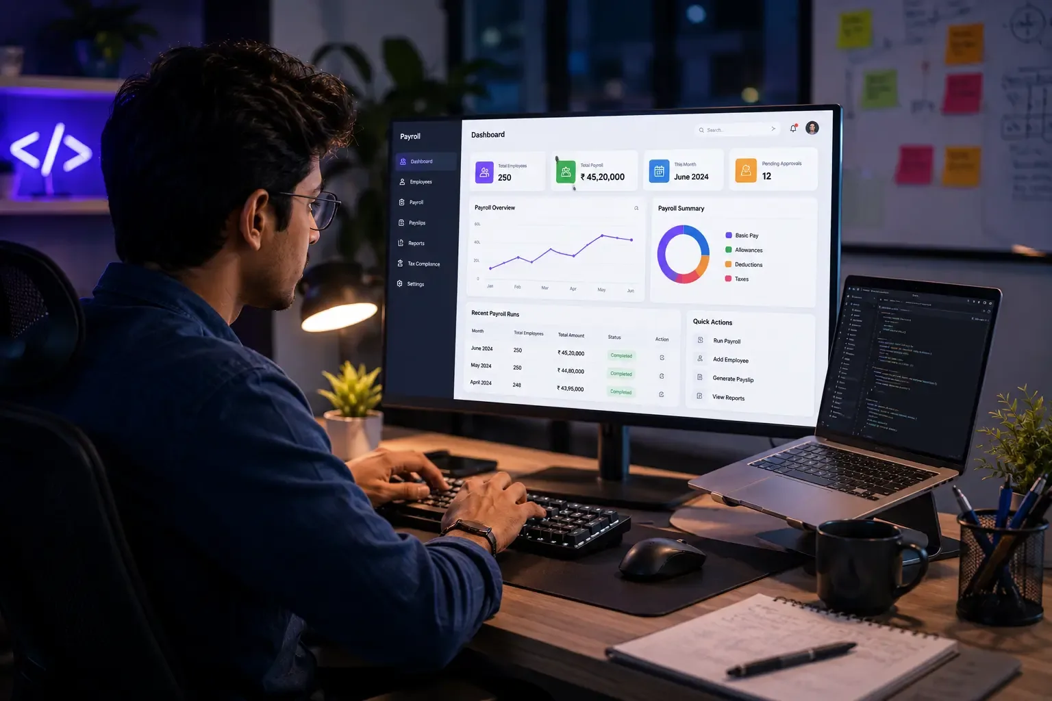 Finance team reviewing payroll software dashboard