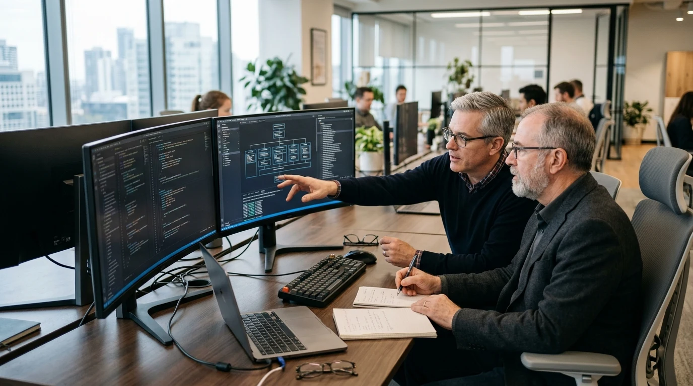 Senior software engineers and technical leads evaluating code architecture during contractor technical screening