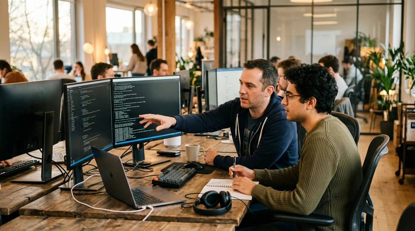 DevOps and cloud infrastructure engineers collaborating on infrastructure migration