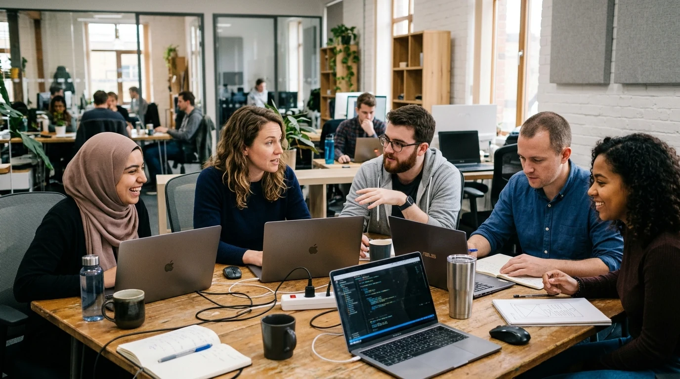 Tech startup founder and agile development team collaborating on product requirements